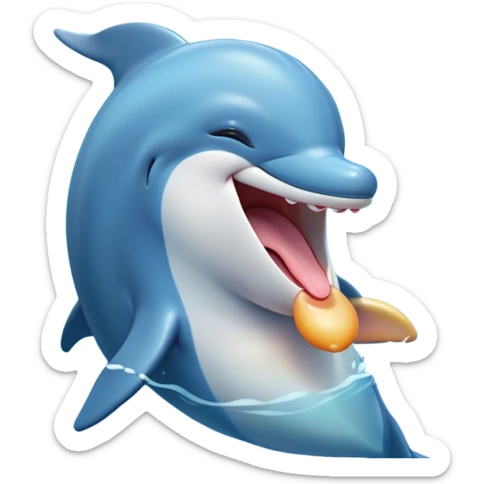 Cinematic Cute Yawning Dolphin Portrait Emoji, Head tilted slightly with a dramatic, wide-open yawn, showcasing a sleek, streamlined body with softly curved contours and drowsy, half-closed eyes, Simplified yet irresistibly adorable features, highly detailed, glowing with a soft, cozy oceanic glow, high shine, relaxed yet expressive, stylized with a dash of whimsical aquatic charm, soft glowing outline, capturing the essence of a drowsy yet affectionate dolphin that appears ready to stretch out and yawn its way out of the screen! sticker