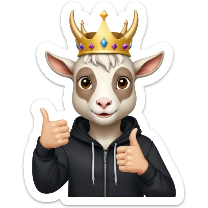 Goat with horns wearing black hoodie and a royal crown thumb up sticker