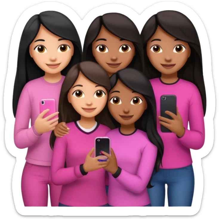 3 brown girl friends with a phone on their hand, one with black long hair light skin,  one with brown hair long and the other one with black with brown medium length hair . Wearing pink glammed up and hugging  sticker
