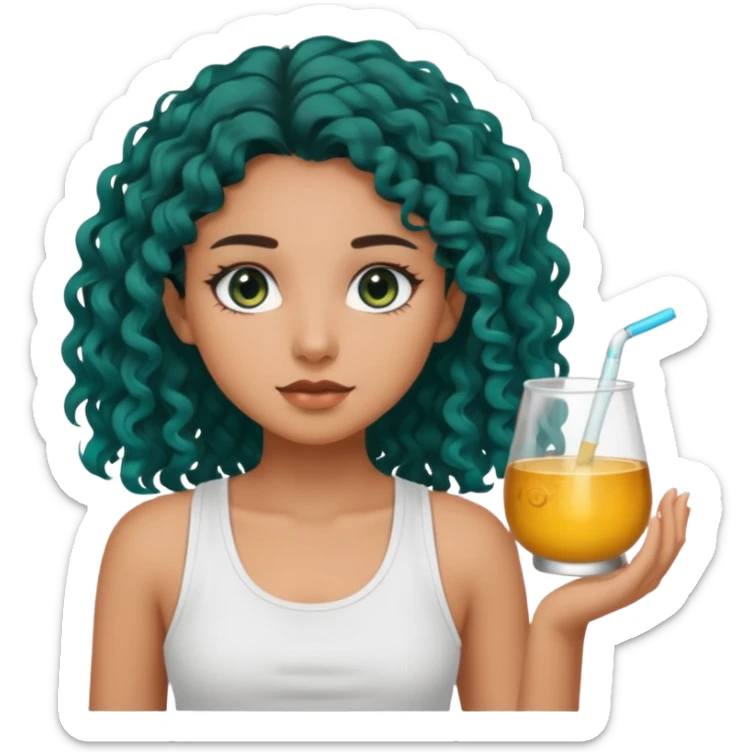 Girl with olive skin, teal eyes, and dark loose curly long hair, pretty white tank top sticker