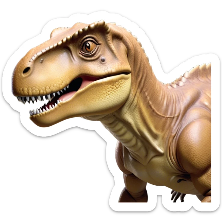 Beautiful and Majestic T-rex Portrait Emoji, Head and body resting peacefully with a serene, confident expression, showcasing its colossal, muscular form and a subtle, regal glint in its eyes, Simplified yet exquisitely endearing features, highly detailed, glowing with a soft, drowsy prehistoric light, high shine, relaxed and utterly majestic, stylized with an air of ancient splendor, soft glowing outline, capturing the essence of a beautiful and majestic T-rex that feels destined to become the next viral icon of awe-inspiring dinosaur beauty! sticker