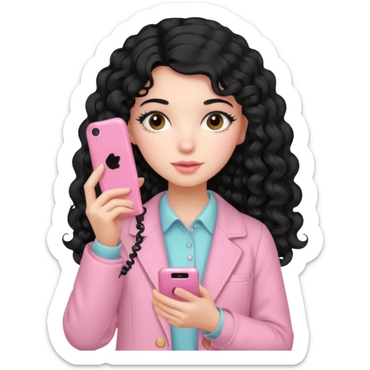 Girl with long curly black hair and vintage pastel pink clothing Holding a pink cell phone sticker