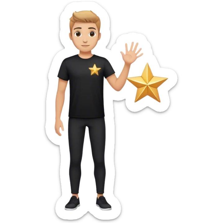 A handsome guy in black t shirt, in black pant. He is holding one hand out. On his hand, there's glittering star like shapes sticker