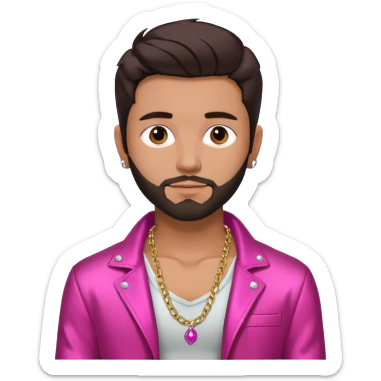Frankie Zulferino, Pop Singer (b.1990) with dark brown hair and short beard shirtless with necklace, dark pink metallic jacket sticker
