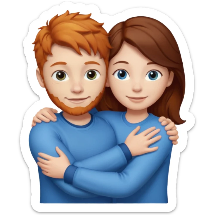 Ginger boy without facial hair hugging girl with dark brown hair. Both have blue eyes.  sticker