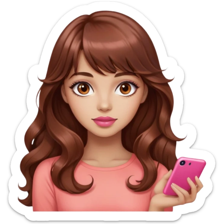 gorgeous woman, light tan skin, big dark brown eyes, very long wavy auburn hair, bangs, pink top, coral lipstick, posing sticker