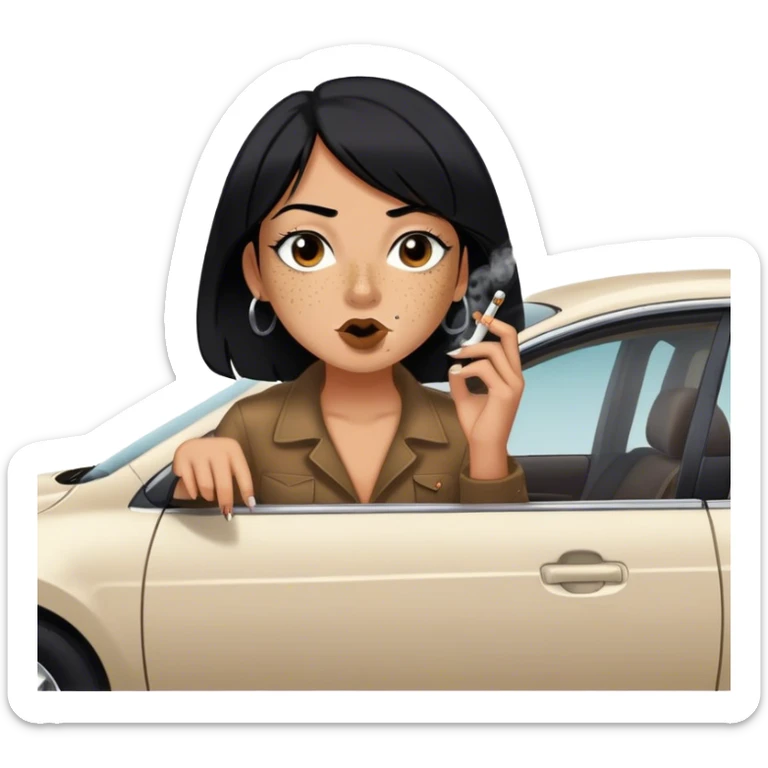girl with black hair freckles button nose brown eyes smoking a huge blunt hanging out of a black nissan altima  sticker