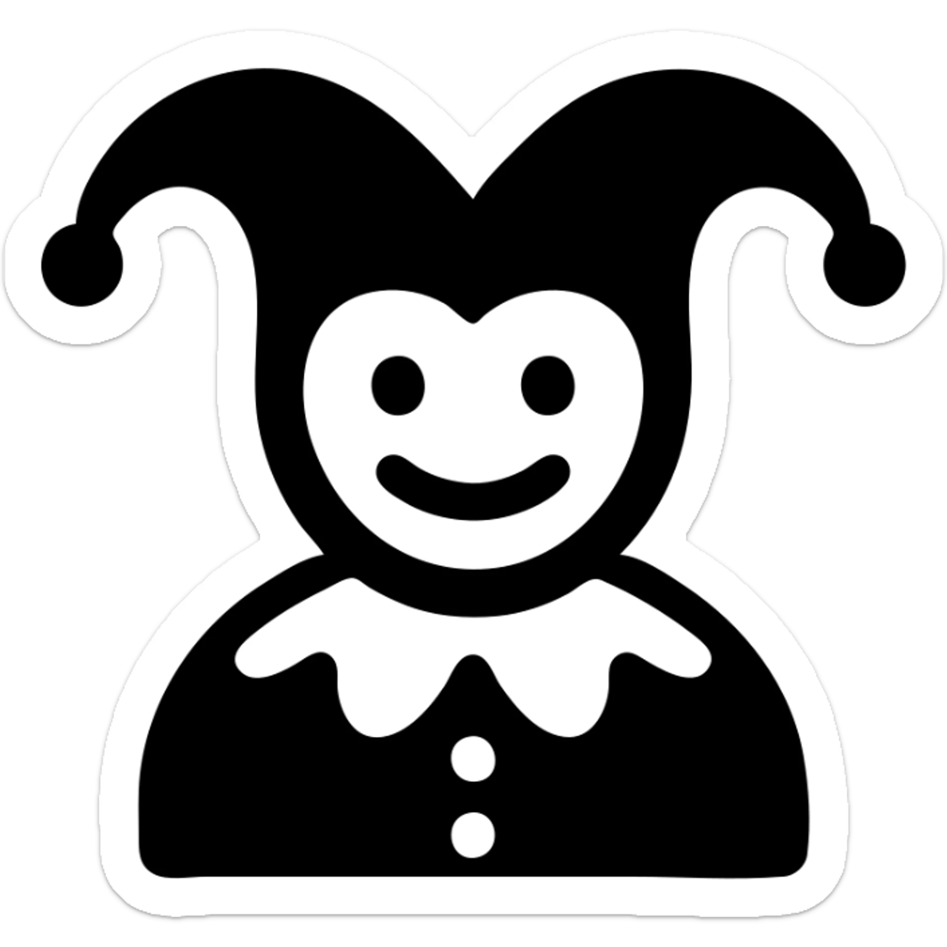 crazy colorful cute little cat jolly joker from poker, medieval, vintage, court jester, mac os icon, purple, gold and red color, head + torso. Squared shape as 3D mac os icon, symmetrical sticker