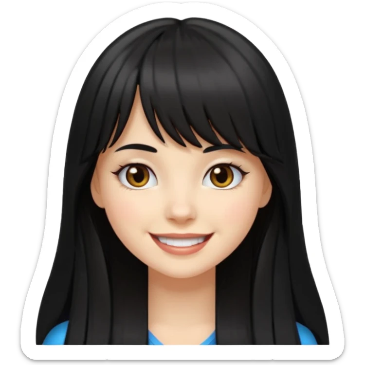 pretty white girl with long black hair and thick bangs, very dark brown eyes, smiling expression, emoji style sticker