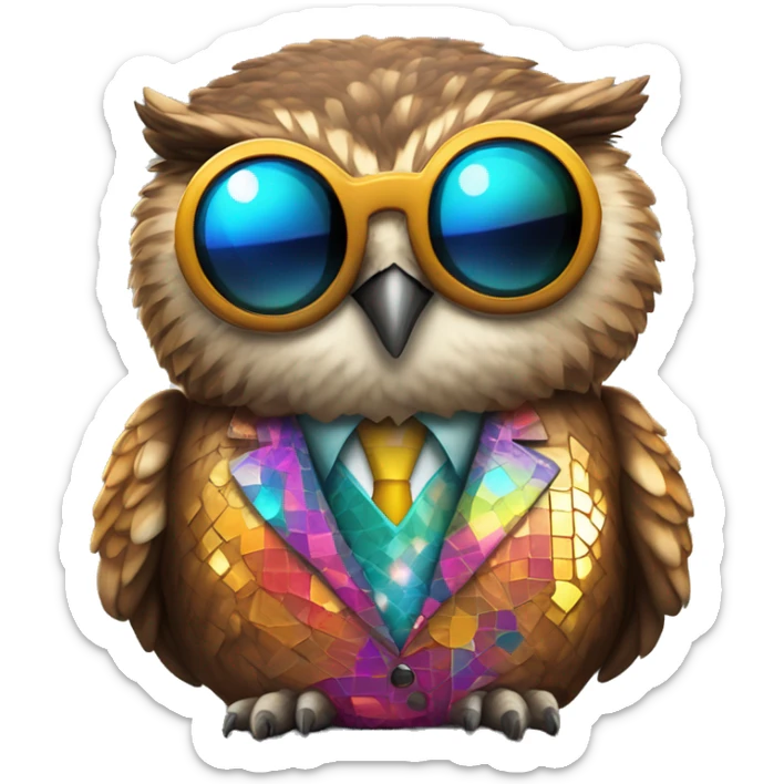 Cartoony chubby brown horned owl with sunglasses and colorful suit made of a disco ball  on sticker