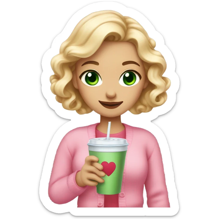 woman with green eyes and long curled blonde hair with a pink bow in her hair, wearing a pink cardigan with a red hearts and she is holding an iced coffee sticker