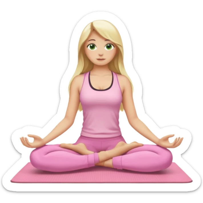 blonde long hair, green eyes, yoga girl in light pink clothes sitting cross-legged on a yoga mat, emoji style sticker