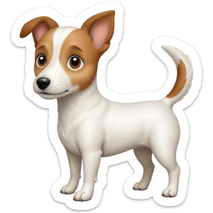 a full body white jack russel looking dog the size of a kelpie with light brown ears and a light brown patch on one eye, flopped down ears and a large snout sticker