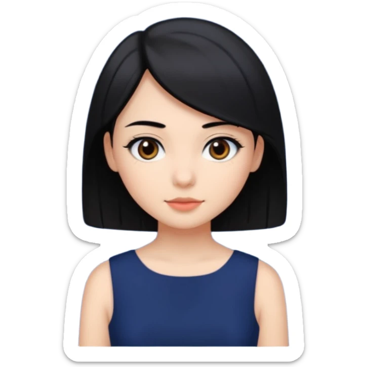 A girl with black hair, dark brown eyes, a beautiful face, short, straight hair to the shoulders, and a navy blue dress. sticker