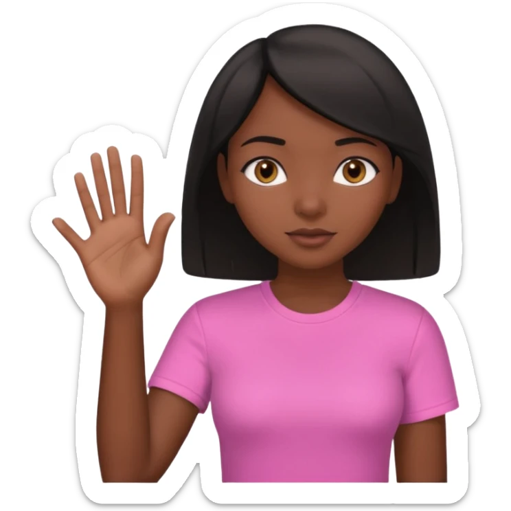 Dark skin girl asking for money with hand out make her more fabulous but still a clean look with a black bob and pink shirt  brown eye  sticker