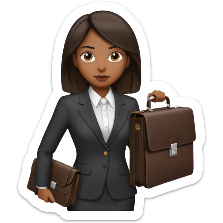 dark brown woman with dark brown shoulder length straight hair in an executive suit carrying a briefcase sticker