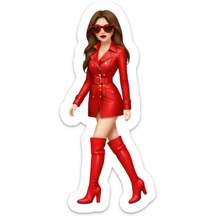 Woman with brown hair walking in thigh high red boots, wearing sunglasses and bright red lipstick  sticker