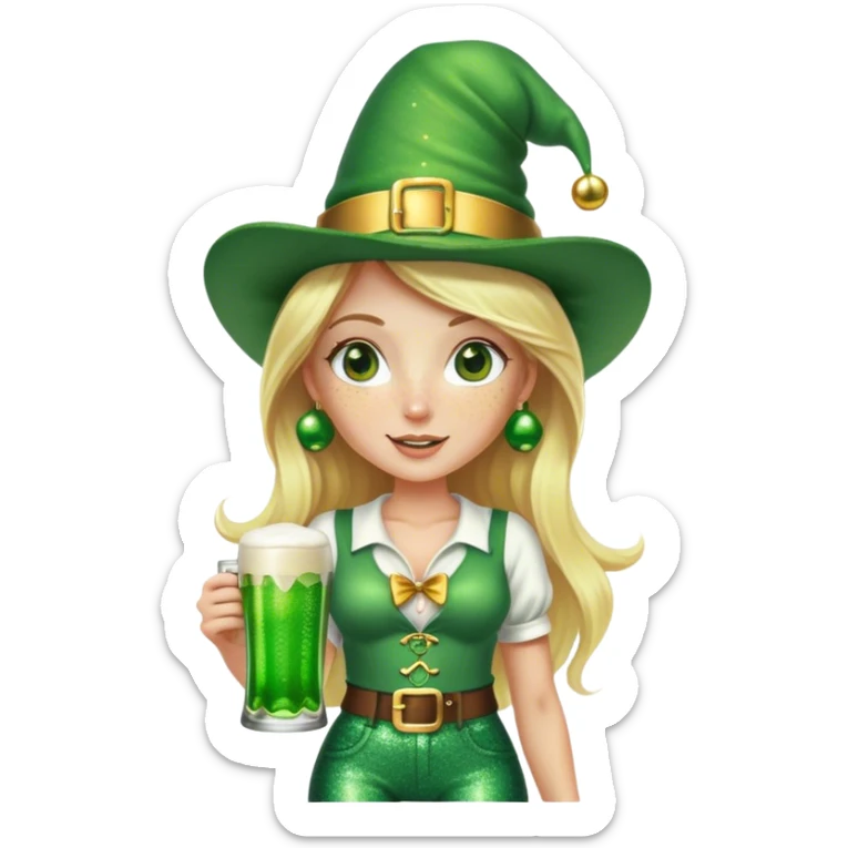 Blonde haired pretty woman with freckles glittery green bell bottoms and tall leprechaun hat holding a green beer sticker
