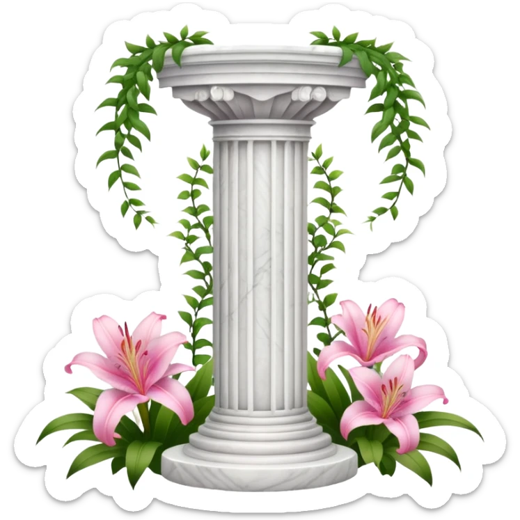 White tall marble pedestal with vines growing around it and pink lilies, beautiful romantic scenery  sticker
