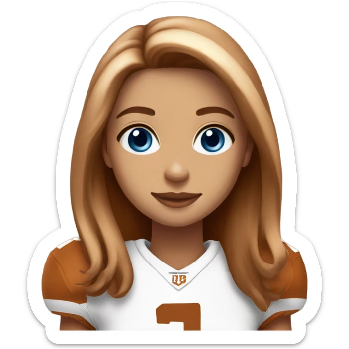 Beautiful girl, blue eyes, long beautiful light brown hair, wearing Texas Longhorn football jersey  sticker