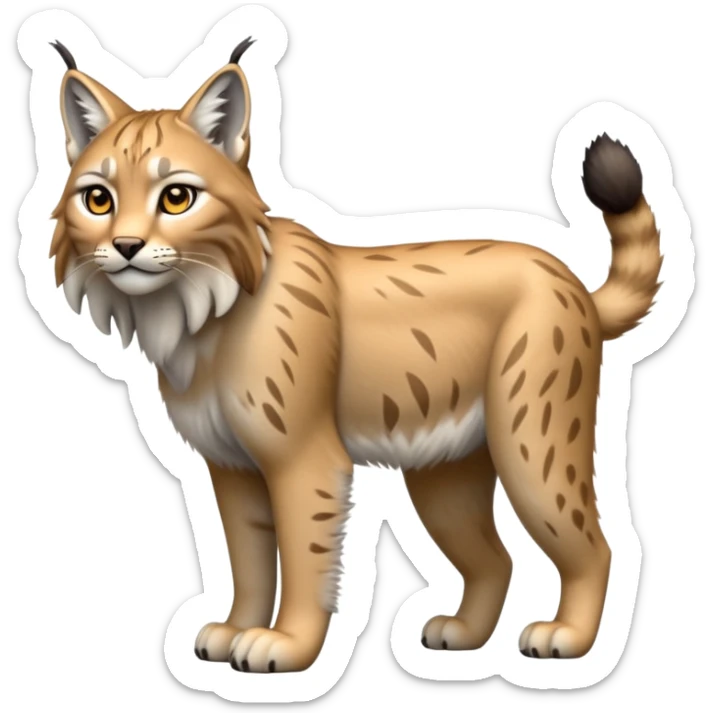 Cinematic-Lynx-Realistic-Full-Body-Standing on all fours-Emoji – head tilted dramatically, fur with faint spotting, long legs and large paws poised elegantly, simplified yet realistic focused features, highly detailed, glowing with an almost sarcastic glow zoomed out showing fluffy shoulders sticker