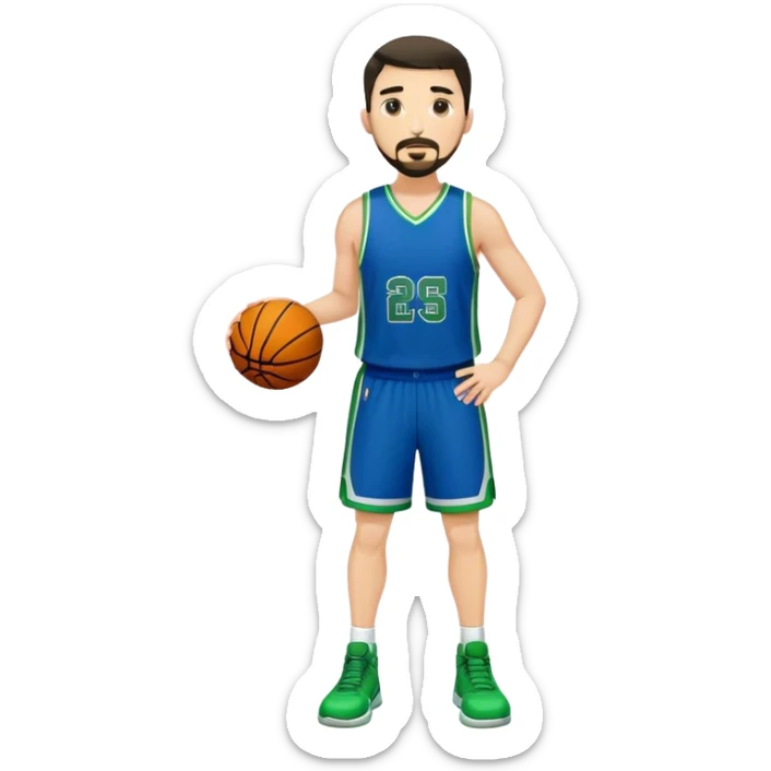 Full Body  white male basketball player with short dark hair and gold tee beard wearing blue and green uniform sticker