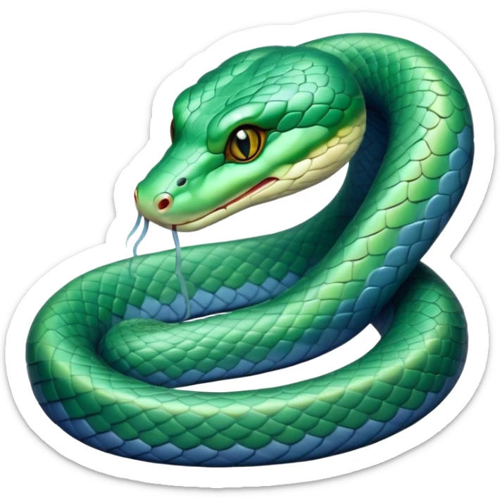 Cinematic Noble Chinese Water Snake Portrait Emoji, Poised and graceful, with a slender, sinuous build and a sleek, iridescent coat of muted greens and blues, deep-set soulful eyes, Simplified yet sharp and sophisticated features, highly detailed, glowing with a soft, dignified aquatic glow, high shine, intelligent and fluid, stylized with an air of waterborne elegance, focused and attentive, soft glowing outline, capturing the essence of a watchful and confident water snake that feels as though it could glide out of the screen with effortless authority! sticker