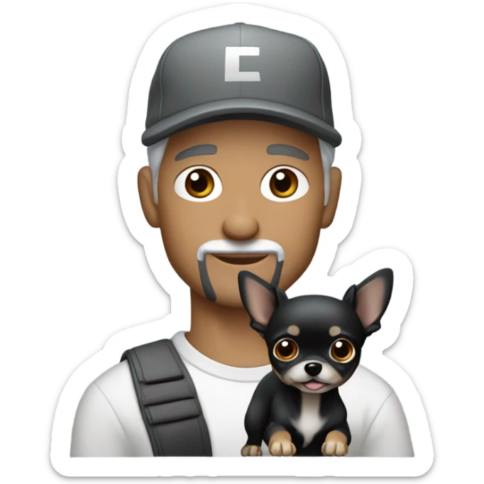 man blue eyes gray hair gray goatee in ball cap holding black longhair chihuahua  sticker