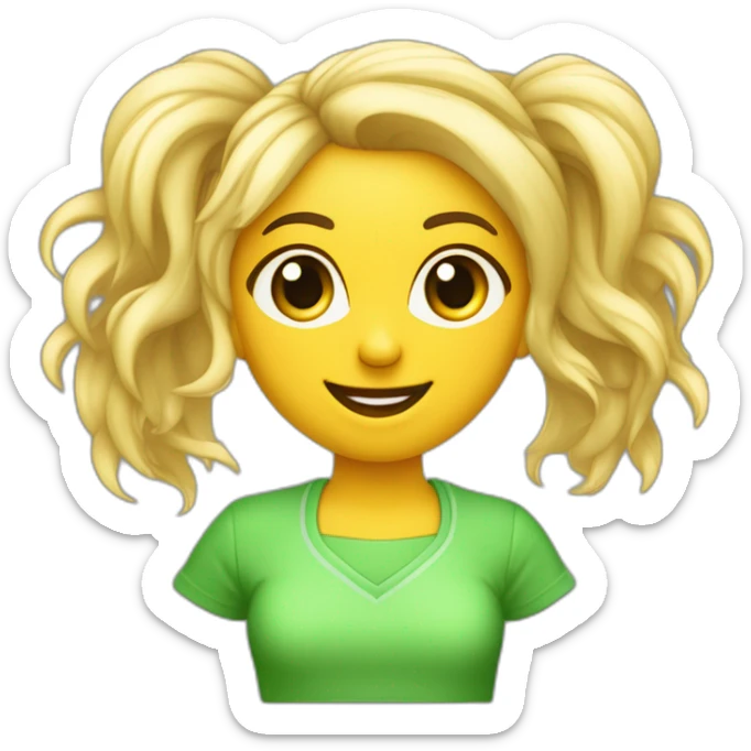 Chica cara redonda rubia pelo rizado largo y flequillo con ropa verde lima muy sonriente delante ordenador sticker