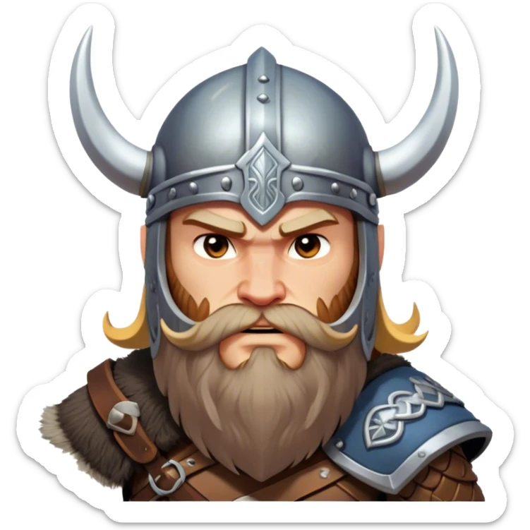 Clash of Clans aesthetic: Cinematic Fierce Viking Portrait Emoji, Poised and bold with a rugged yet stylized build, wearing a simple horned helmet and sporting a neatly trimmed beard, his face rendered in a natural skin tone, intense eyes reflecting fierce determination, Simplified yet dynamic features, highly detailed, glowing with a cool, battle-ready radiance, high shine, brave and resolute, stylized with an air of ancient Nordic valor, focused and commanding, soft glowing outline, capturing the essence of a fearless Viking adventurer ready to set sail on epic quests! sticker