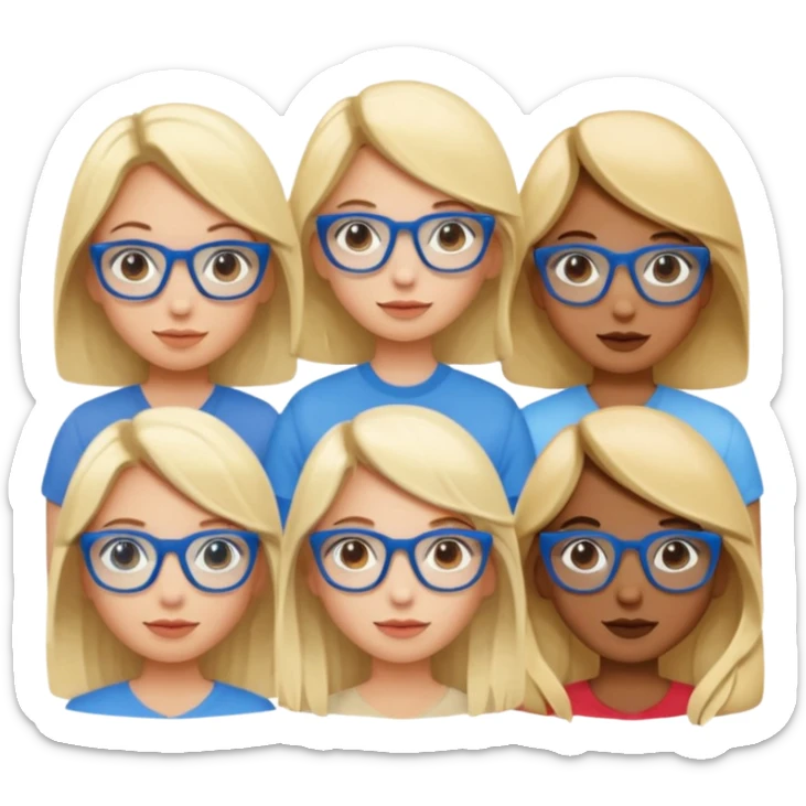 group of different women. With one blonde girl in middle with blue glasses sticker
