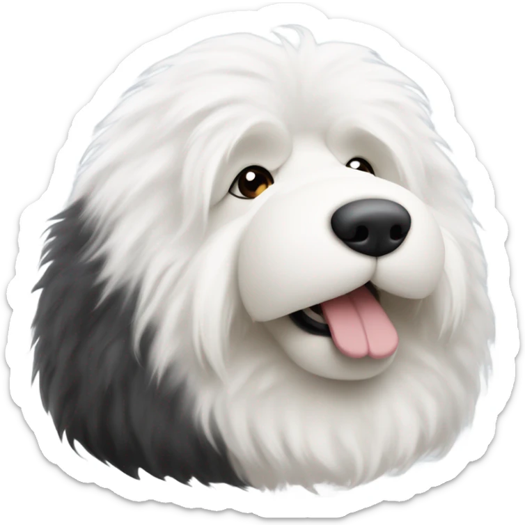 Fluffy Old English sheepdog face with the left half of his face white and the black half of his face black. White around the mouth and nose sticker