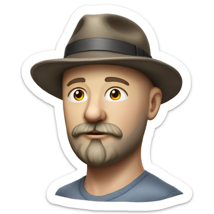 Photorealism A plump bald man of Slavic appearance with a goatee beard and mustache, wearing a fedora hat, big details sticker