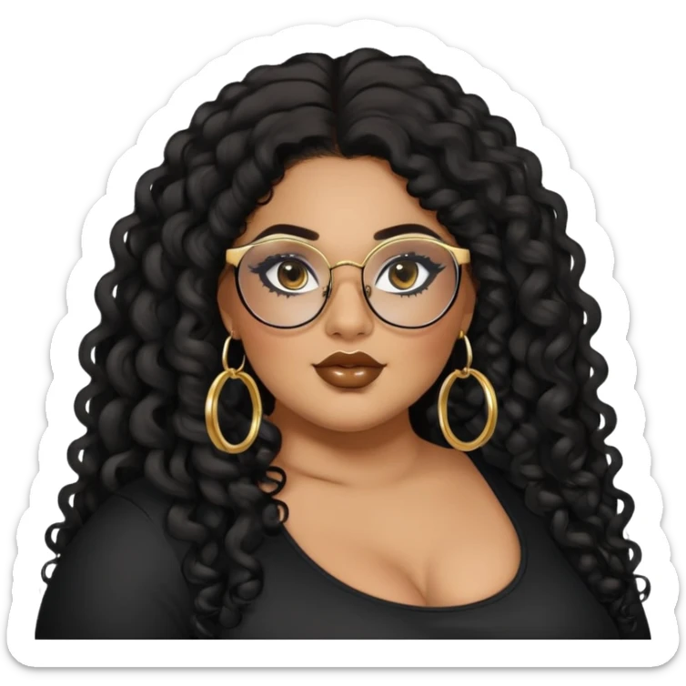 big plus size, latina, darker tan skin, gold hoops, long black curly hair, baddie,pretty, makeup, lipgloss, black eyeliner, long hair, black top, black glasses sticker