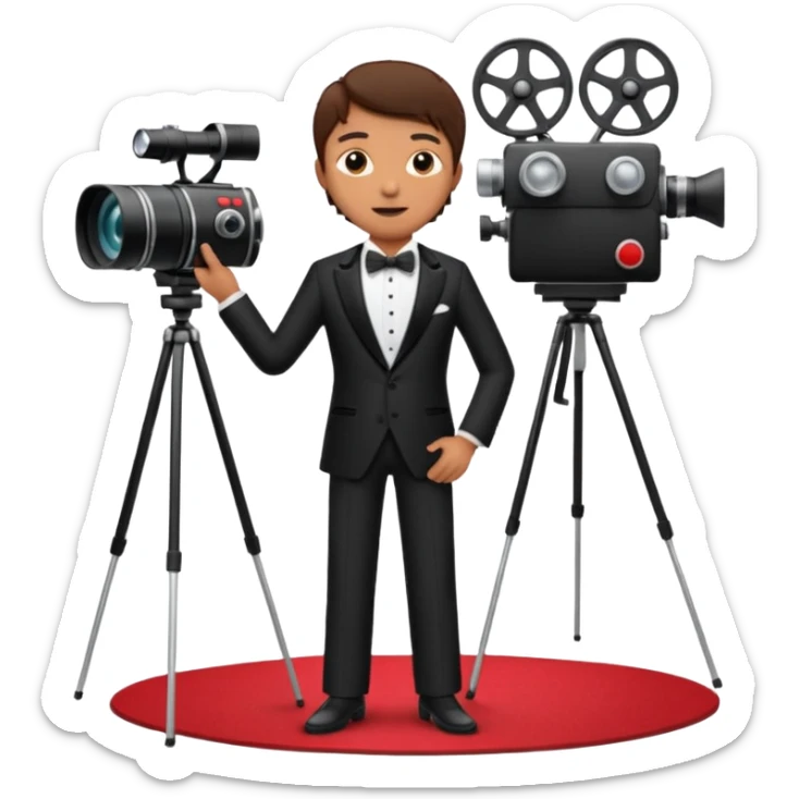 an actor standing on a red carpet with a formal tuxedo, with only one movie camera on a tripod next to him. sticker