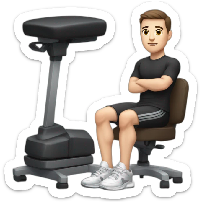 Pale skinned Fit Man With the biceps and dark brown hair in black shirt, gray sports shorts and white Sneakers Sitting on a chair sticker