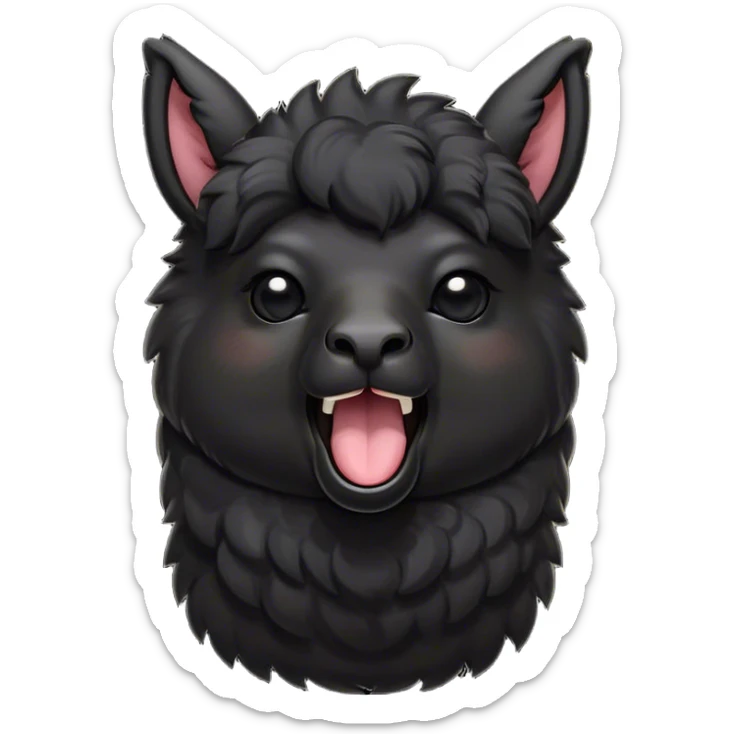 Cinematic Cute Yawning Black Alpaca Portrait Emoji, Head tilted slightly with a dramatic, wide-open yawn, showcasing a soft, plush jet-black fleece with gently drooping ears, round dark eyes barely open in drowsy contentment, Simplified yet irresistibly adorable features, highly detailed, glowing with a soft, cozy glow, high shine, relaxed yet expressive, stylized with a touch of whimsy, bright and endearing, soft glowing outline, capturing the essence of a sleepy yet affectionate alpaca, so drowsy it feels like it could stretch out of the screen and curl up for a nap! sticker