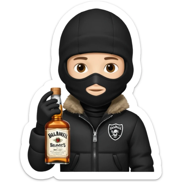 Junge mit Sturmhaube in der Rechten hand eine jacky flasche und schwarze winterjacke mit fell an der mütze 2 meter gross sticker