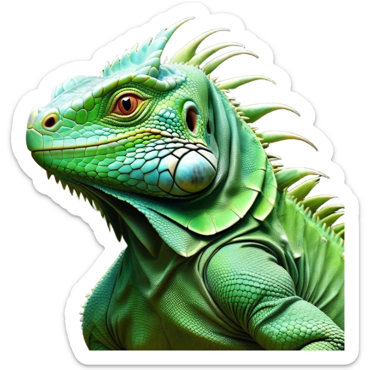 Cinematic Noble Iguana Portrait Emoji, Poised and majestic, with a robust, muscular build and a vibrant, scaly body accented by a prominent spiky crest and keen, observant eyes, Simplified yet sharp and sophisticated features, highly detailed, glowing with a soft, jungle radiance, high shine, intelligent and formidable, stylized with an air of ancient reptilian authority, focused and commanding, soft glowing outline, capturing the essence of a watchful guardian that appears ready to stride out of the screen with effortless might! sticker