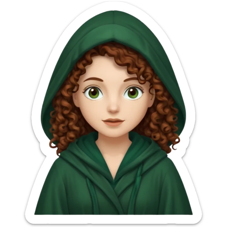 A white woman, a little thicker, with long dark auburn hair robed and hooded like she's a Traitor in the tv show The Traitors. her hair is mostly curly (kinda frizzy, not clean curls) and the robe is a dark dark forest green green sticker