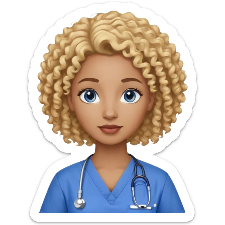 African American woman with curly blonde hair and blue eyes in scrubs sticker