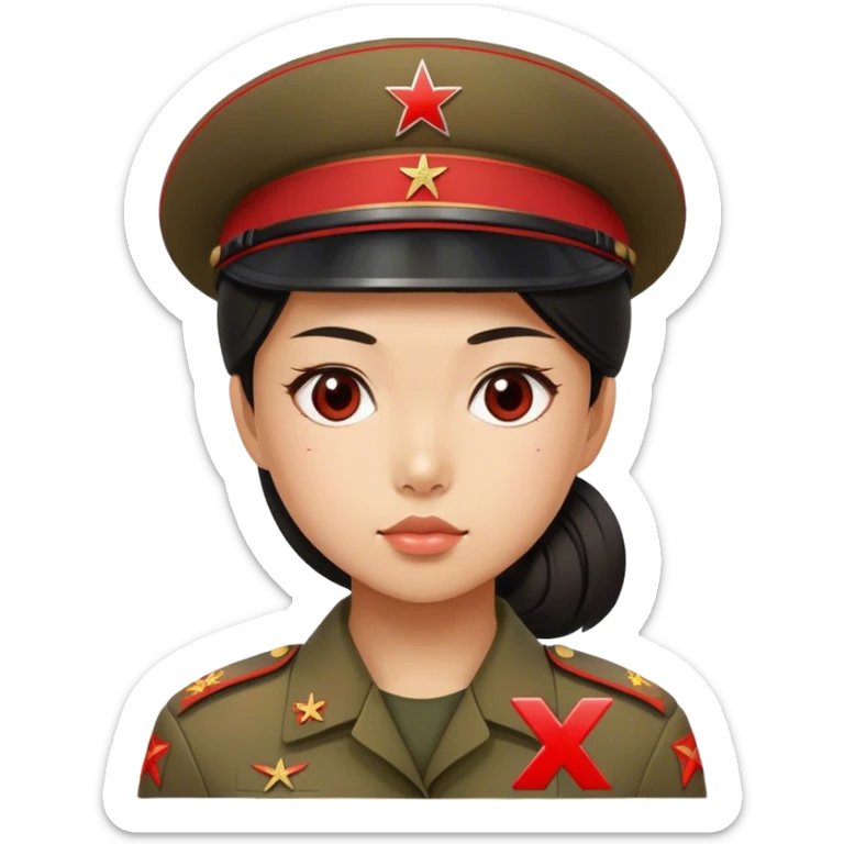  North Korean girl solder defector with a x red capital letter on her sticker