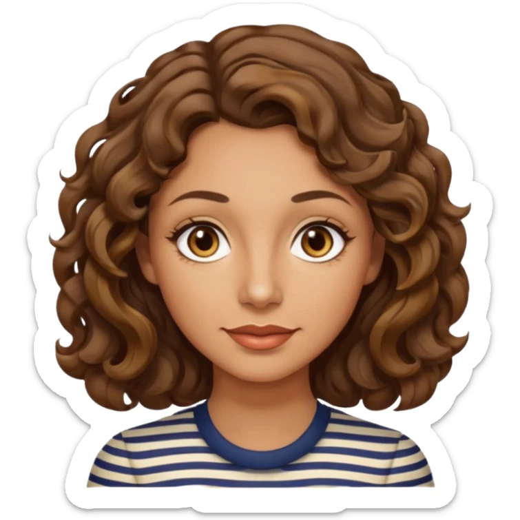 woman, 40s, chin-length wavy/curly brown-ish, few white stripes hair, hazel eyes sticker