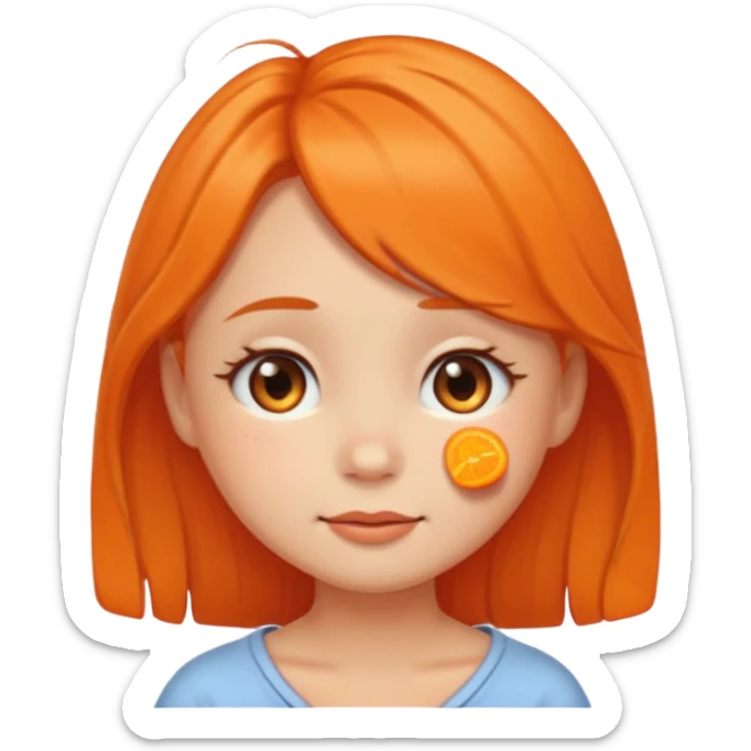 round-faced cartoon girl emoji with teary eyes, gentle smile, soft cheeks, tangerine hairpin, warm, emotional, cute sticker
