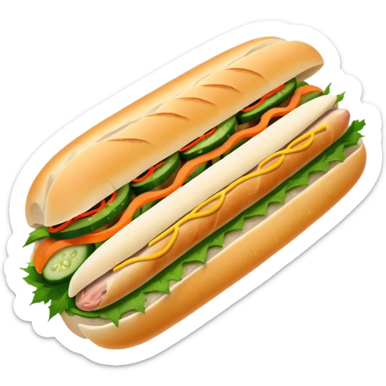 traditional banh mi with char grilled pork emoji 


    Very crusty baguette

    Mayo 

    Pickled carrot 

    Cucumber, coriander/cilantro, green onion, chilli 
 sticker