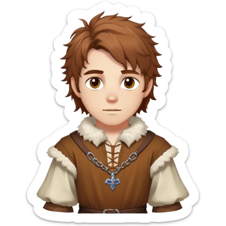 medieval spring outfit worn by a DnD themed fantasy male character. cotton tunic with sleeves rolled to the elbow, featuring a light fur-lined collar for chilly mornings. clothes only above the waist. The clothes full waist. The character's haven't arms. character is white-skinned, chestnut brown hair, amber eyes, shoulder-length messy hair. sticker