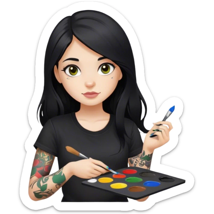 A girl with long black hair and hazel eyes and black tattoos on right arm holding a paint palette  wearing black shirt sticker