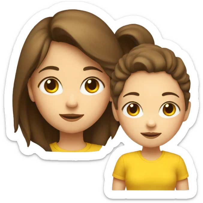 a girl with brown hair in a yellow t-shirt with a black small circle on it sticker