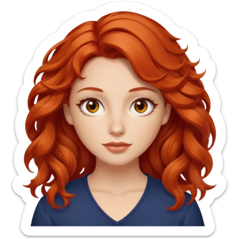 a woman with bright red wavy hair, slightly slanted almond brown eyes and white skin  sticker