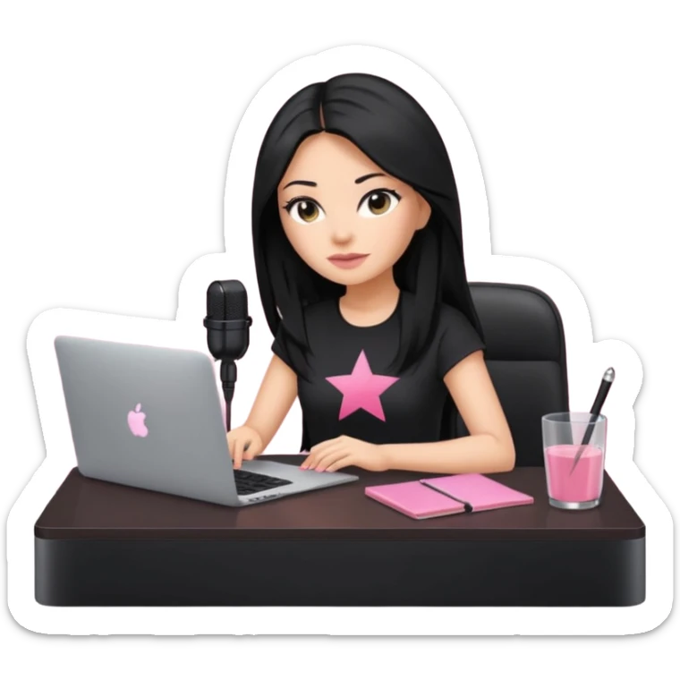 tanned long black hair woman, sat at desk with pink MacBook, podcast microphone black top and pink, sexy, glass table sticker